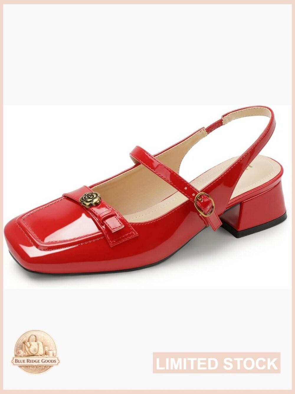 Mary Jane Slingback Chunky Block Heels Low Closed Square Toe Pumps Adjustable